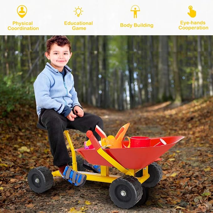 HONEY JOY Ride On Sand Dumper for Kids, Outdoor Garden Dump Cart Wheelbarrow w/8 Inch Wheels, Heavy Duty Steel Sit On Pulling Wagon Play Toy for Boys Girls
