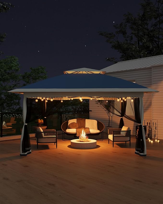GarveeLife Canopy Tent 13x13 ft, Pop Up Gazebo One-Push Setup with 4 SandBags for Backyard Parties and BBQs, Mosquito Netting & Height Adjustable - Navy Blue