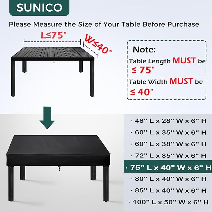 SUNICO Outdoor Table Cover rectangular (75" L x 40" W x 6" H), Patio Table Cover rectangle for Patio Table & Dining Table & Picnic Table.Windproof, Waterproof, Stain-Resistant, Durable Table Cover