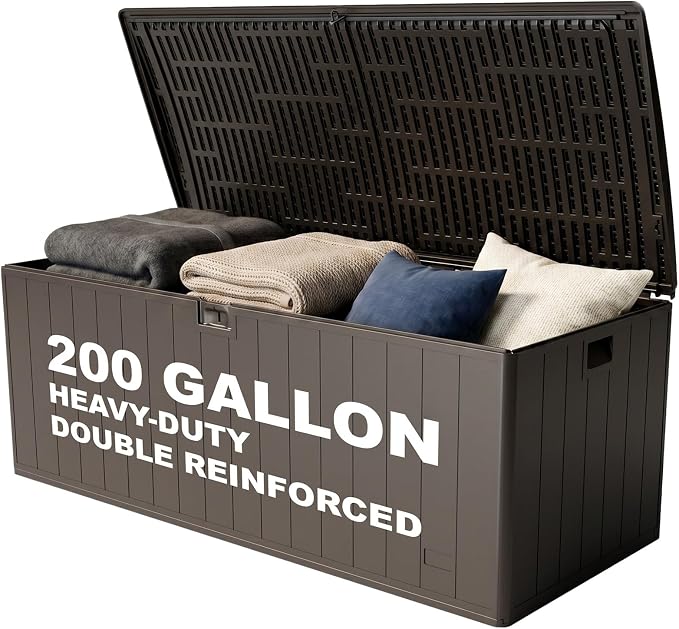 Deck Box, Waterproof Resin Outdoor Storage Box with Double-Layer Lockable Lid, UV-Resistant Storage for Patio, Pool, Garden & Backyard, 200 Gallon, Brown