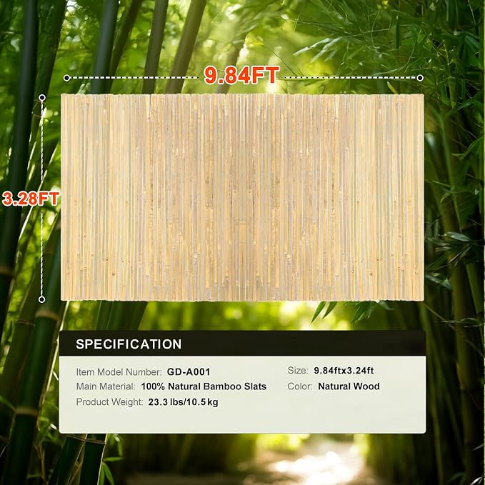 Landgarden Natural Bamboo Slat Screening, Eco-Friendly Privacy Slat Fence, Bamboo Screen Panel Roll for Balcony or as Wind and Sight Protection