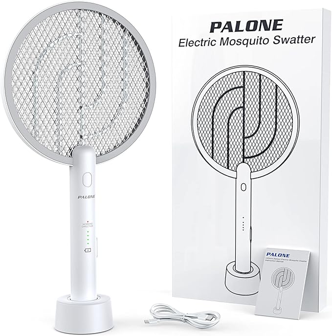 PALONE Electric Fly Swatter 4000V Bug Zapper Racket, Dual Modes Mosquito Killer with Battery, Rechargeable Mosquito Killer Lamp with 3 Layers Safety Mesh for Indoor and Outdoor, White 1P