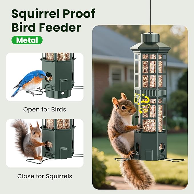 Squirrel Proof Bird Feeder for Outdoors, Chew-Proof & Weather Resistant, 3 Port, Gravity Spring Hanging Metal Bird Feeder, 3LB Large Capacity, Attract Wild Birds