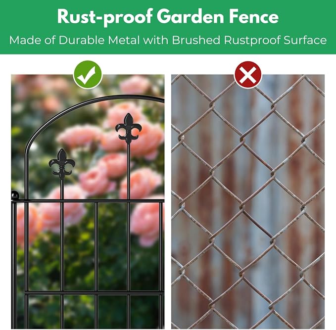 Decorative Garden Fence Border 10 Pack 22in(H) x 10ft(L), Black Rustproof Metal Garden Fencing Animal Barrier for Dogs