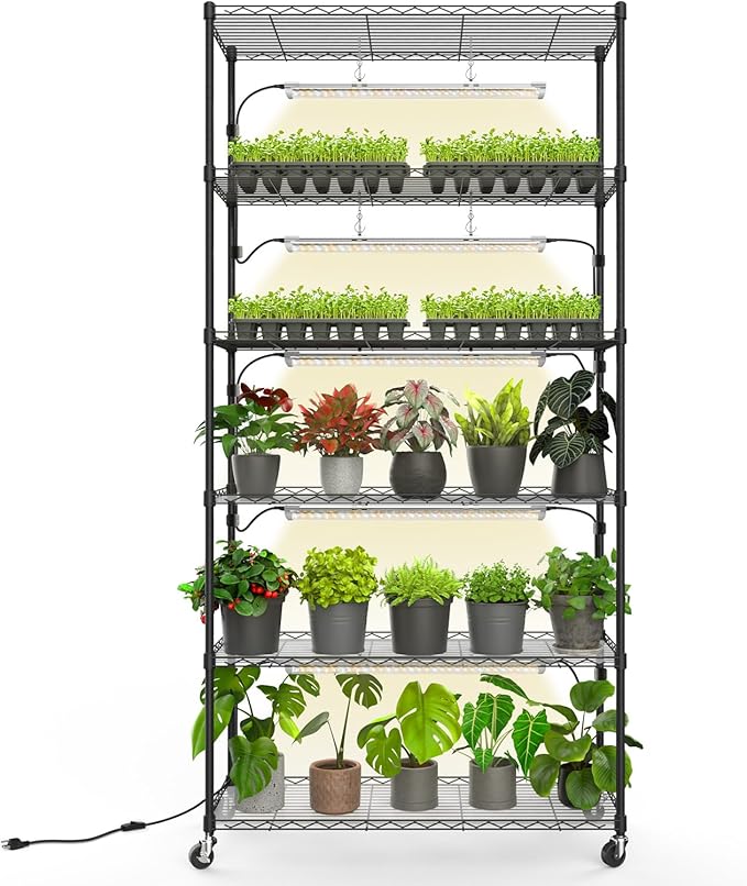 Bstrip Plant Shelf with Grow Light, Metal Plant Stand with Adjustable Rack and Wheels, 5 Pack T8 Full Spectrum Grow Light Strip for Indoor Plants, Seed Starting, Seed Tray, 35.4"x13.8"x71"