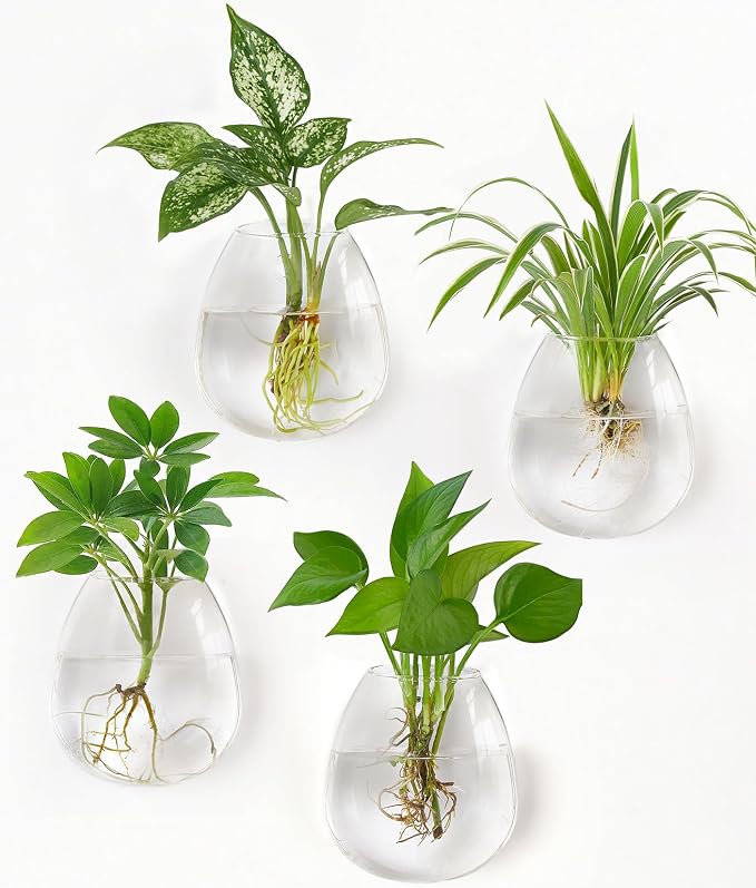 Dahey 3 Pcs Metal Hanging Flower Pots and 4 Pcs Glass Wall Mounted Vases for Indoor Plants Home Office Garden Yard Wall Decor