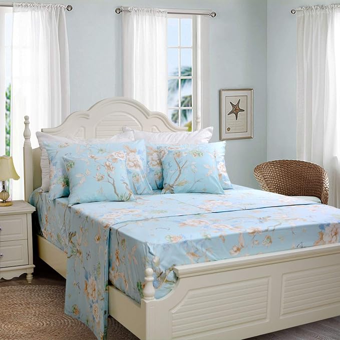 FADFAY Floral Bedding Shabby Blue Bird Print Bed Sheet Set Luxury Bedding Collections 800 Thread Count 100% Egyptian Cotton Deep Pocket, 4 Piece-Twin XL Size