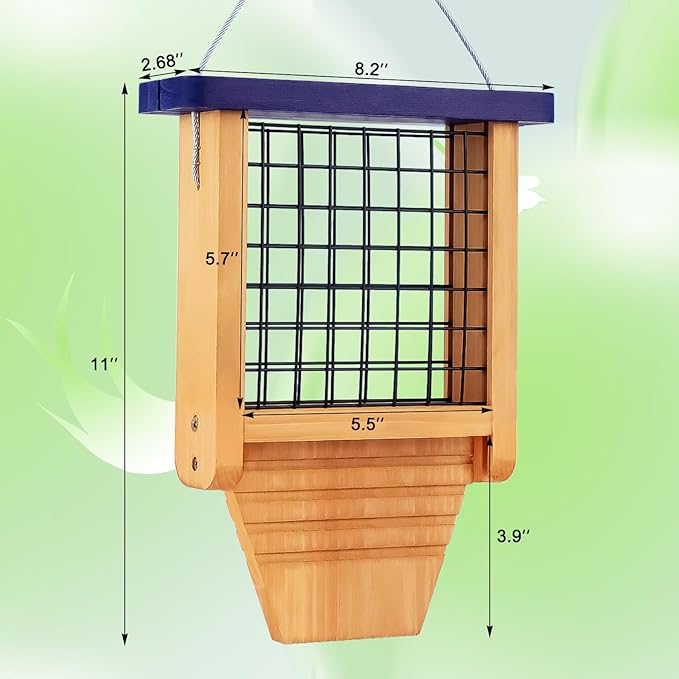 Gbekery Wooden Suet Bird Feeder for Outside Hanging, Woodpecker Suet Feeder with Tail Prop, Hanging Bird Feeder for Wild Birds, 1 Pack, Blue