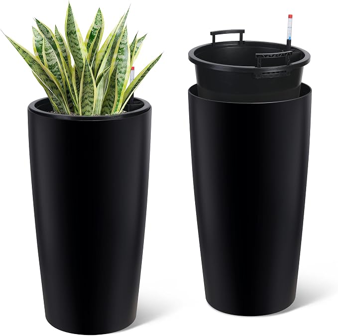 Garvee Tall Planters for Outdoor Plants, 30 in Large Planters Set of 2, Outdoor & Indoor Planters with Water Level Monitor ＆ Inner Bucket, Automatic Watering, for Porch, Patio, Backyard, Black