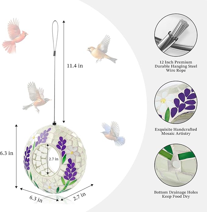 SAVENNA Mosaic Glass Hanging Bird Feeder, 6.3 Inch Handcrafted Outdoor Feeder with Steel Wire Rope, Decorative Garden & Patio Feeder for Wild Birds, Lavender Floral Mosaic Design