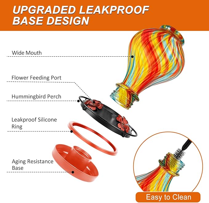 Hummingbird Feeders for Outdoors – Hand Blown Glass Outdoor Hanging Humming Bird Feeder with Ant Moat, 28 Ounces,Leakproof, Easy to Clean, Red Decorative Gift for Garden,Patio,Yard,Mom or Gardener