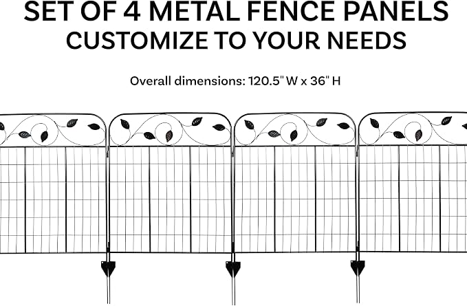 Sunnydaze Winding Vines 10-Foot 4-Piece Steel Decorative Garden Fence Panels - 30" W x 36" H Per Panel - Black