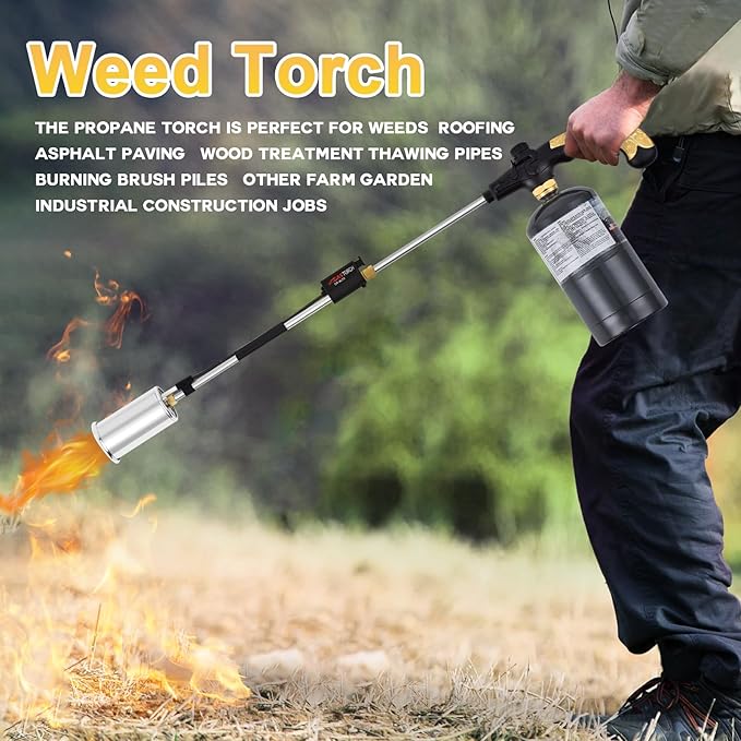Propane Torch Burner Weed Torch with High Output Heavy Duty Blow Torch 30" Detachable Long Arm Propane Weed Burner&Flame Control Valve for Garden,Stumps,Wood,Melting Ice,Snow Road,Roofing