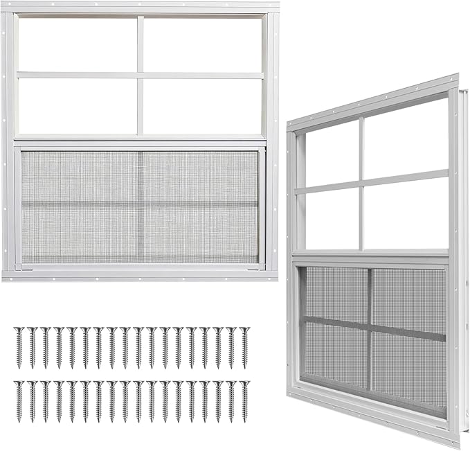 Yuzzy Shed Windows 2 Pack, Chicken Coop Windows 30" x 30" with Tempered Glass and Fiberglass Screen, Flush Mounted Small Window for Shed, Barns, Playhouse, Household, Garage (White)