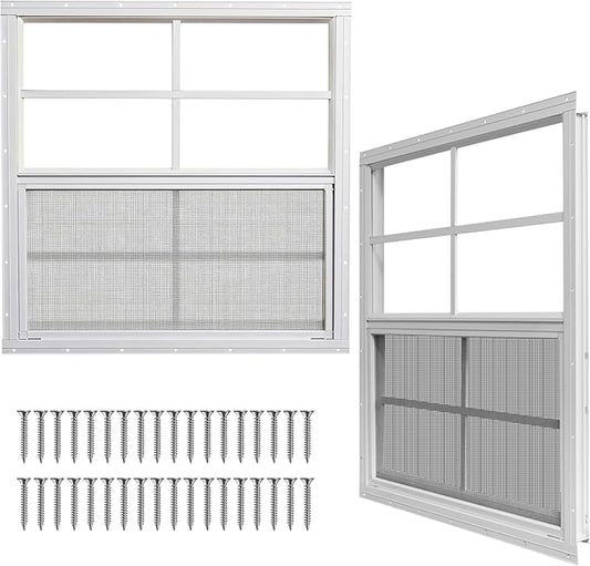 Yuzzy Shed Windows 2 Pack, Chicken Coop Windows 30" x 30" with Tempered Glass and Fiberglass Screen, Flush Mounted Small Window for Shed, Barns, Playhouse, Household, Garage (White)