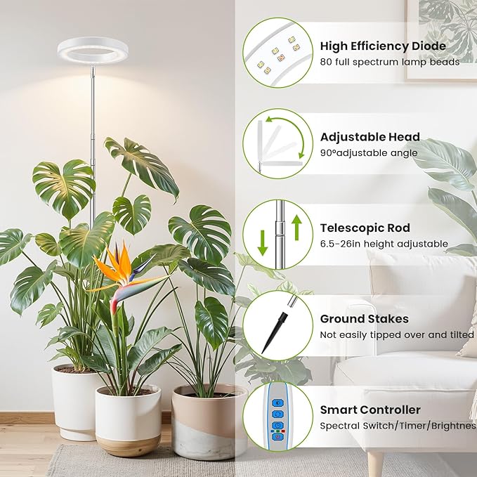 Kullsinss White Grow Light, Full Spectrum LED Plant Lighs for Indoor Growing with 6/12/16H Timer, 3 Color Modes, 5 Brightness, 10"-60" Height Adjustable Plant Lamp for Tall Indoor Plants (3 Pack)
