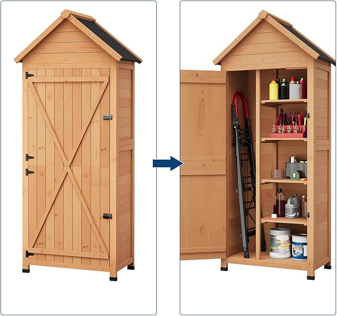 Outdoor Storage Shed, Small Waterproof Garden Tool Shed with 4 Shelves & Lockable Door, Compact Wood Storage Cabinet for Patios, Backyards, Balconies, Natural