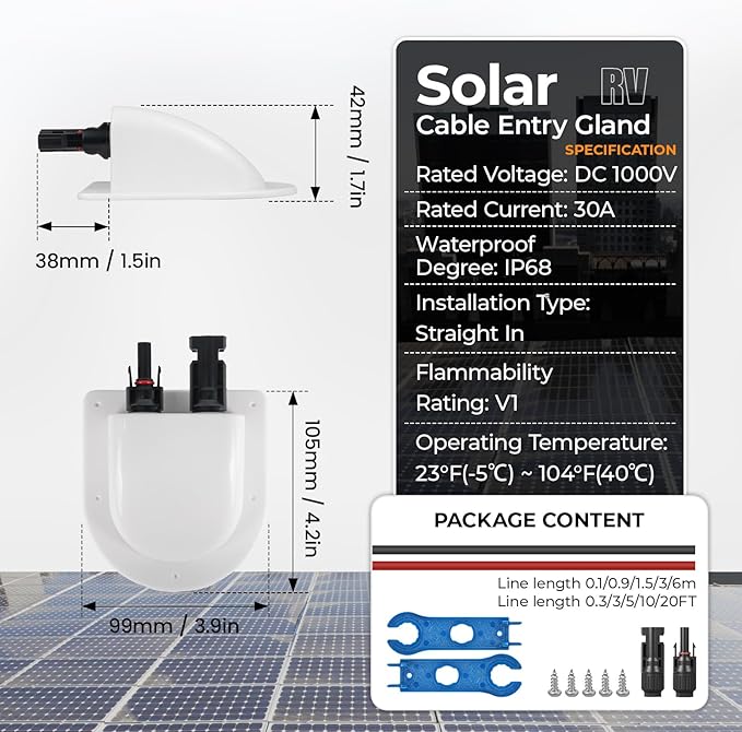 Solar Cable Entry Gland with 10Awg Solar Cable and Solar Connector UV Resistance Dual Cable Entry Housing for Solar RV Boats Yacht Roofs (White 5FT)