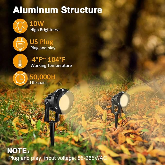 Romwish LED Landscape Spotlight 10W, Outdoor Landscape Lighting 120V Plug-in, 1100LM Waterproof LED Landscape Lights, Landscape Spot Lights for Yard, Garden, Tree, Driveway, 3000K Warm White-2 Pack