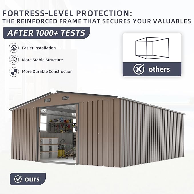 KEIKI 10x12 FT Metal Garden Storage Shed with Foundation Kit, Double Door Outdoor Tool Shed with 2 Windows, Color Steel Construction, Tool Shed for Lawn Equipment, Bikes, Trash Cans, Brown