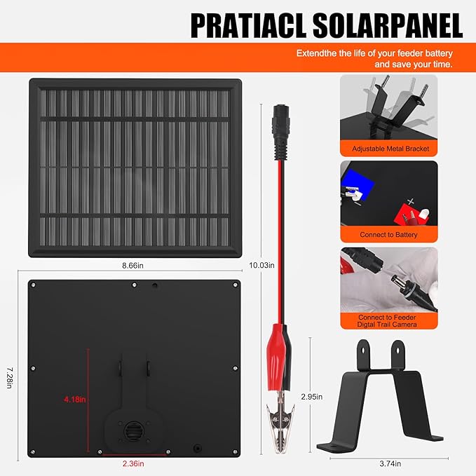 12V Solar Panel for Deer Feeder, 3.6W Solar Battery Charger with Adjustable Mount Bracket, Waterproof Trickle Charger with Alligator Clips, Power Supply for Game Feeder and Timer