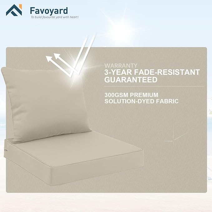 Favoyard Outdoor Seat Cushion Set 24 x 24 Inch Water-Resistant & Fade-Resistant Patio Furniture Cushions with Removable Cover Deep Seat & Back Cushion with Tie Straps for Chair Sofa