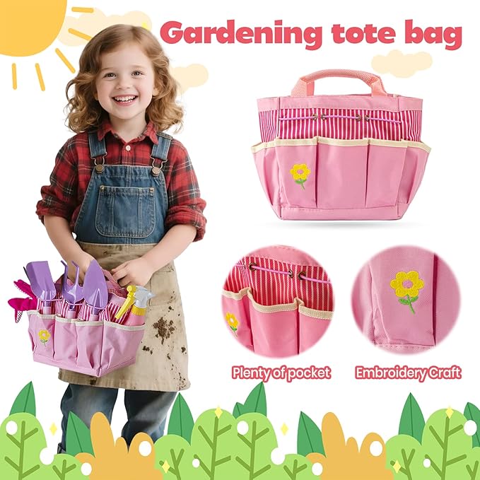 JOI MEW Kids Pink Gardening Tools Set, Garden Toys w/Metal Rake, Shovel, Trowel, Watering Can, Gloves, Tote Bag, Plant pots, DIY Bookmark Kits, Spring Summer Toy Outdoor Gift for Toddler Boy Girl