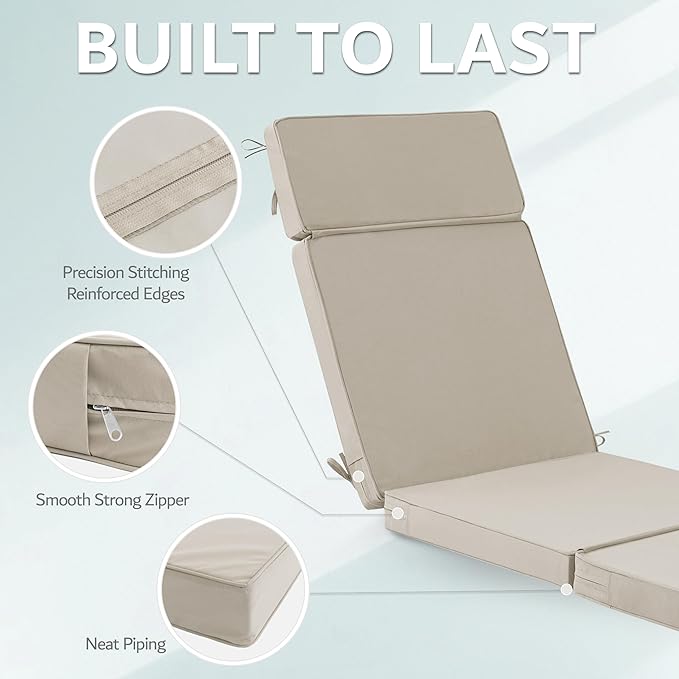 72 x 21 Inch Outdoor Chaise Lounge Cushions Set of 4 - Removable Cover, 4-Section Design, Water-Repellent & Fade-Resistant, 6 Tie Straps, Replacement for Patio & Pool Chairs - Cream