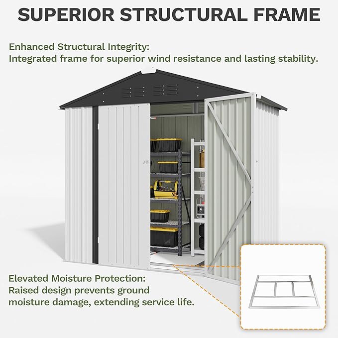 Greesum 6x4FT Outdoor Storage Shed with Base, Utility Tool Shed with Sloping Roof, Metal Storaged Garden Shed with Door & Lock for Patio Storage, White