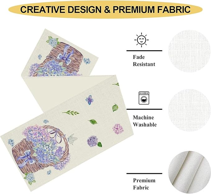 Blue Floral Table Runner, Rustic Watercolor Spring Summer Seasonal Hydrangea Flower Retro Coffee Country Table Center Decor for Family Kitchen and Dining Party Farmhouse Table Decorations, 13"x36"