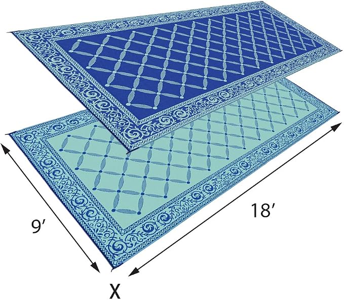 Stylish Camping 119183 9-feet by 18-feet Reversible Mat, Plastic Straw Rug, Large Floor Mat for Outdoors, RV, Patio, Backyard, Picnic, Beach, Camping (Blue/Light-Green)