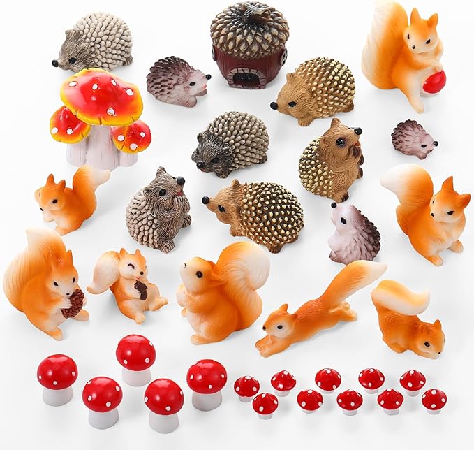 Fairy Garden Accessories, 34 Pieces Resin Squirrel Figures Miniature Garden Ornaments Hedgehog Mushroom Animal Kit for Outdoor DIY Terrarium Potted Plants Dollhouse Desk Decor
