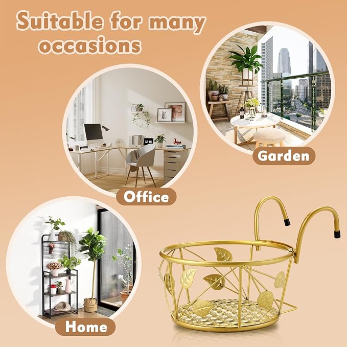 3 Pack Hanging Planter Holders, Golden | Heavy Duty Metal, For Balcony Railings, Indoor Outdoor Use, Deck Fence Garden Patio Porch