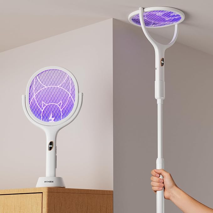 Nymrix Electric Fly Swatter Racket with Rotating Head & Telescopic Handle, 2-in-1 Bug Zapper, 4100V Rechargeable Mosquito Killer with 2600 mAh Battery for Indoor & Outdoor Use (White, 1 Pack)
