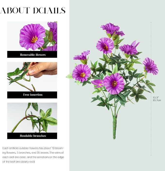 Purple Artificial Morning Glory Flowers for Outdoor Planters, Premium UV Resistant Silk Faux Flowers for Porch, Hanging Basket & Window Box, Cottage Garden Decor, No Pot, 13.3 Inch, 8 Bundles