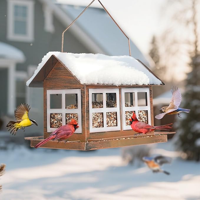 Bird Feeders, Heavy Duty Metal Bird Feeder for Outdoors Hanging, Weatherproof Large Capacity Wild Birdfeeder for Outside Garden Yard, Country House Shape (Horizontal)