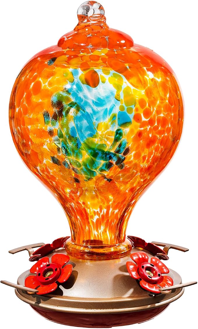Hummingbird Feeders for Outdoors Hanging, 32OZ Hand Blown Glass Hummingbird Feeder for Outside, 4 Perch Ant Moat Leakproof, Garden Decor, Backyard Bird Gifts for Mom (Orange) | LaElvish Garden Hummingbird Feeders for Outdoors Hanging, 32OZ Hand Blown G...