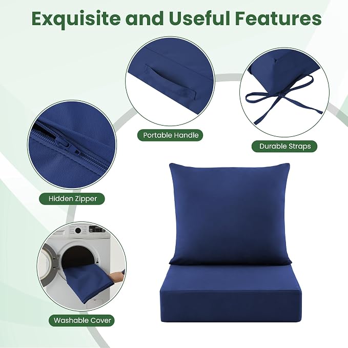 Patio Cushions for Outdoor Furniture, 24x24 Outdoor Couch Cushions, Waterproof & Fade-Resistant Patio Chair Cushions with Removable Cover, Replacement Outdoor Deep Seat Cushion, Navy Blue (Set of 6)