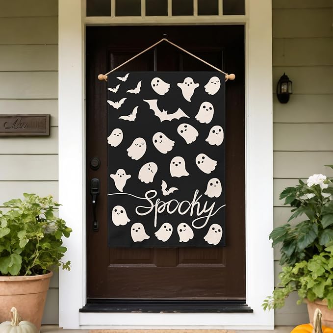 Cute Ghost Halloween House Flag 28x40 Inch Spoohy Black Cream Bat Scary Theme Halloween Holiday Decorative Garden Flags for Outside Double Sided Outdoor Home Farmhouse Decoration Yard Porch Decor