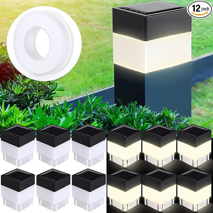 Hicarer 12 Pack Solar Fence Post Cap Lights 2in x 2in Solar Post Cap Fence Lights for Garden, Gazebos, Street Wall(Warm Yellow)