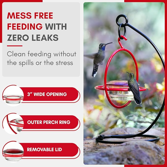 Hummingbird Feeder for Outdoors Hanging, 3.4 OZ Hummingbird Feeders, Glass Bowl with 4 Feeding Ports, Leak Proof Lid & Circular Perch, Bird Feeder (3, Red)