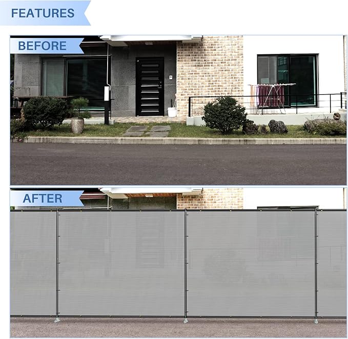 E&K 5'x66' Outdoor Privacy Screen Fence Panel Freestanding Backyard Patio Privacy Pool Fencing Temporary Garden Dog Fence with Iron Poles and Rails (Light Gray)