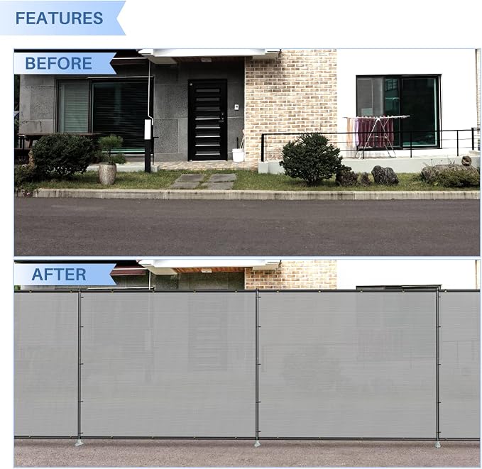 E&K 6'x150' Outdoor Privacy Screen Fence Panel Freestanding Backyard Patio Privacy Pool Fencing Temporary Garden Dog Fence with Iron Poles and Rails (Gray)