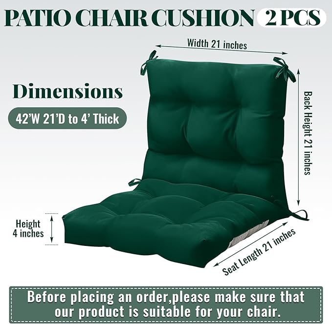 Marsui 2 Pcs Outdoor Indoor High Back Chair Cushions Patio Furniture Tufted Pillow with Ties Water-Resistant Replacement Outdoor Rocking Chair Cushions, 42 x 21 Inches (Duck Green,Solid Color)