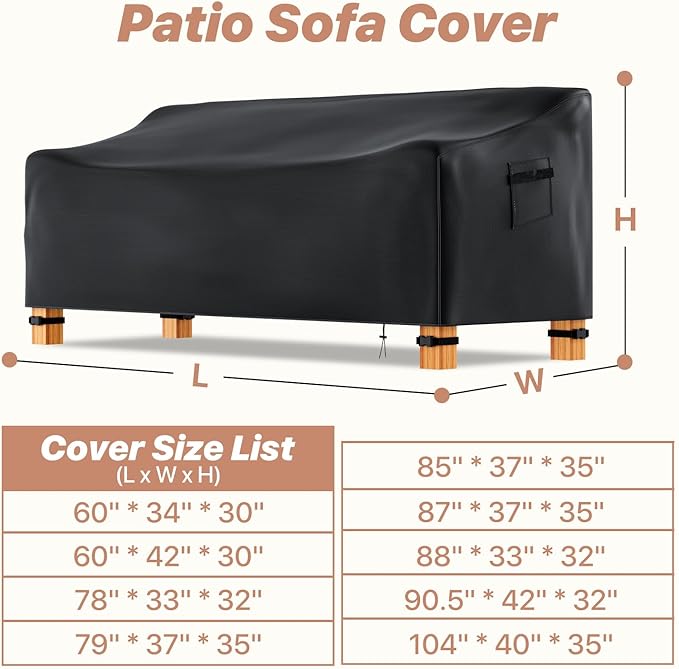 Likorlove Outdoor Couch Cover Waterproof, 104" Wx 40" Dx 35" H Patio Furniture Covers Waterproof, Windproof 3-Seater Sofa Cover Heavy Duty with Air Vent and Handles for Lawn, Backyard Deck, Black
