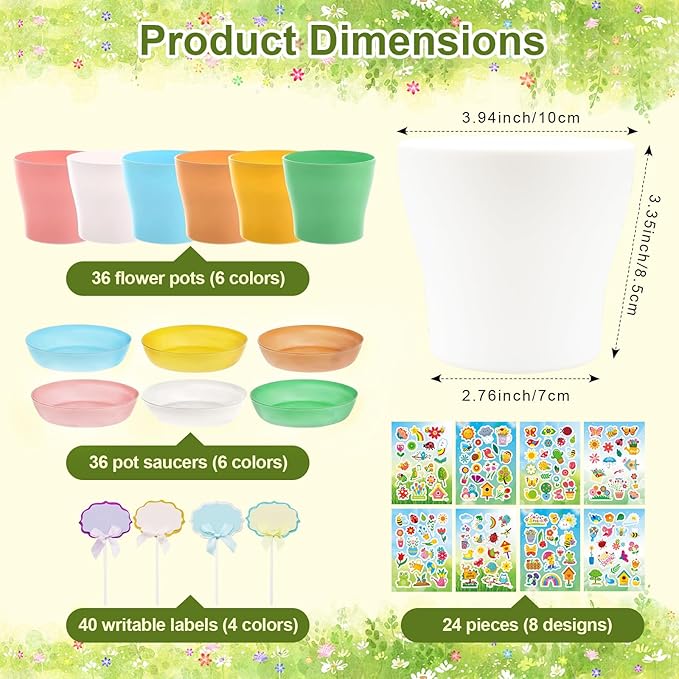 Garden Paper Pot Craft Kit, 36 Durable Resin Garden Pot with Tray Drainage Holes Adhesive Stickers and 40 Colorful Writable Cards, Flower Plant Spring Craft for Classroom DIY Flower Planting