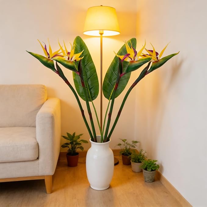 Artificial Bird of Paradise Flowers Real Touch 31.5'in Long Stem Flower 4 Pcs, with Bird of Paradise Leaves 33.5'in Long Stem Greenery Plants 2 Pcs,for Home Garden Wedding Party Decor (Yellow 6 Stems)