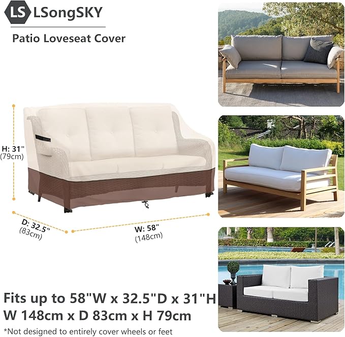 Outdoor 2-Seater Loveseat Cover,Patio Sofa Covers Fits up to 58W x 32.5D x 31H Inches,100% Waterproof Heavy Duty Patio Furniture Covers,Beige&Brown