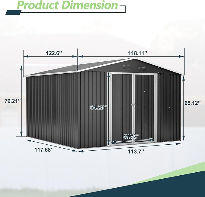 KEIKI Storage Shed 10x10 FT, Large Metal Tool Shed for Outdoor Storage, Galvanized Steel Garden Shed with Lockable Doors for Patio, Backyard, Lawn, Black