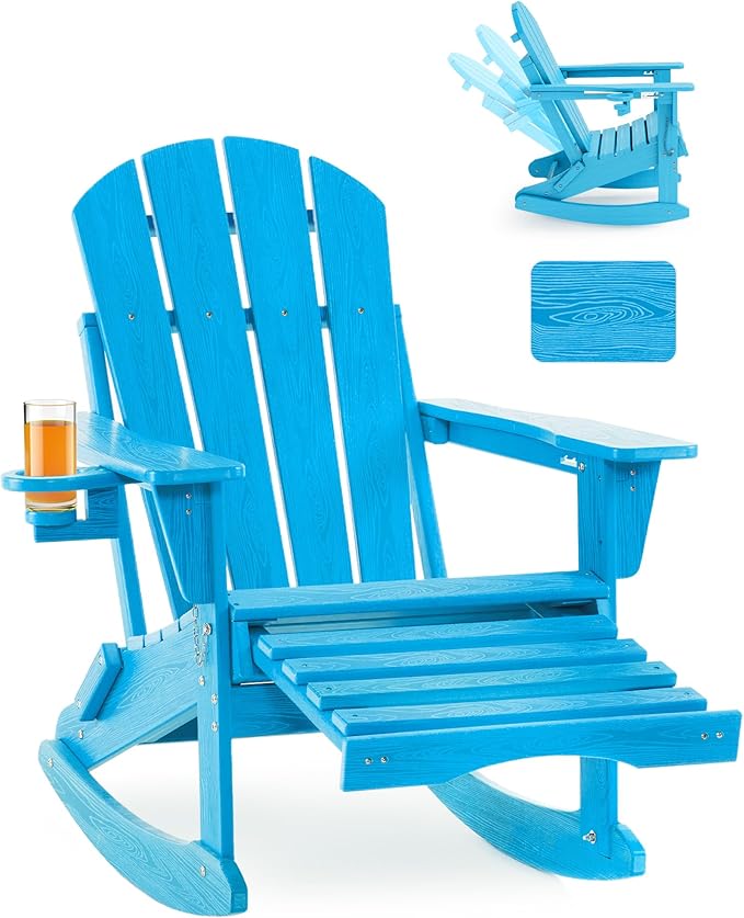 Adjustable Adirondack Rocking Chair with Retractable Ottoman,4-in-1 Multifunctional Folding Patio Chair with Cup Holder, Outdoor Chair Wood Texture for Lawn,Porch, Backyard,Pool(Pacific Blue)